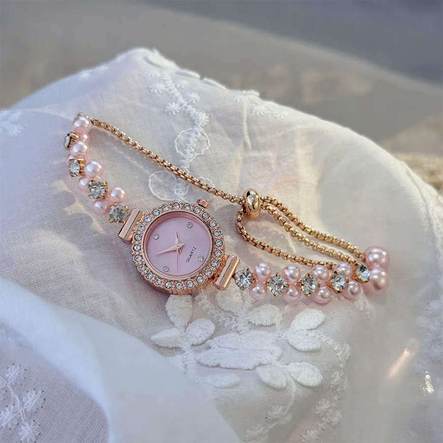Double-Row Pearl Diamond-Encrusted Pull Rope Bracelet Women's Quartz Watch Romantic SweetStyle Fashion Luxury Niche Wristwatch