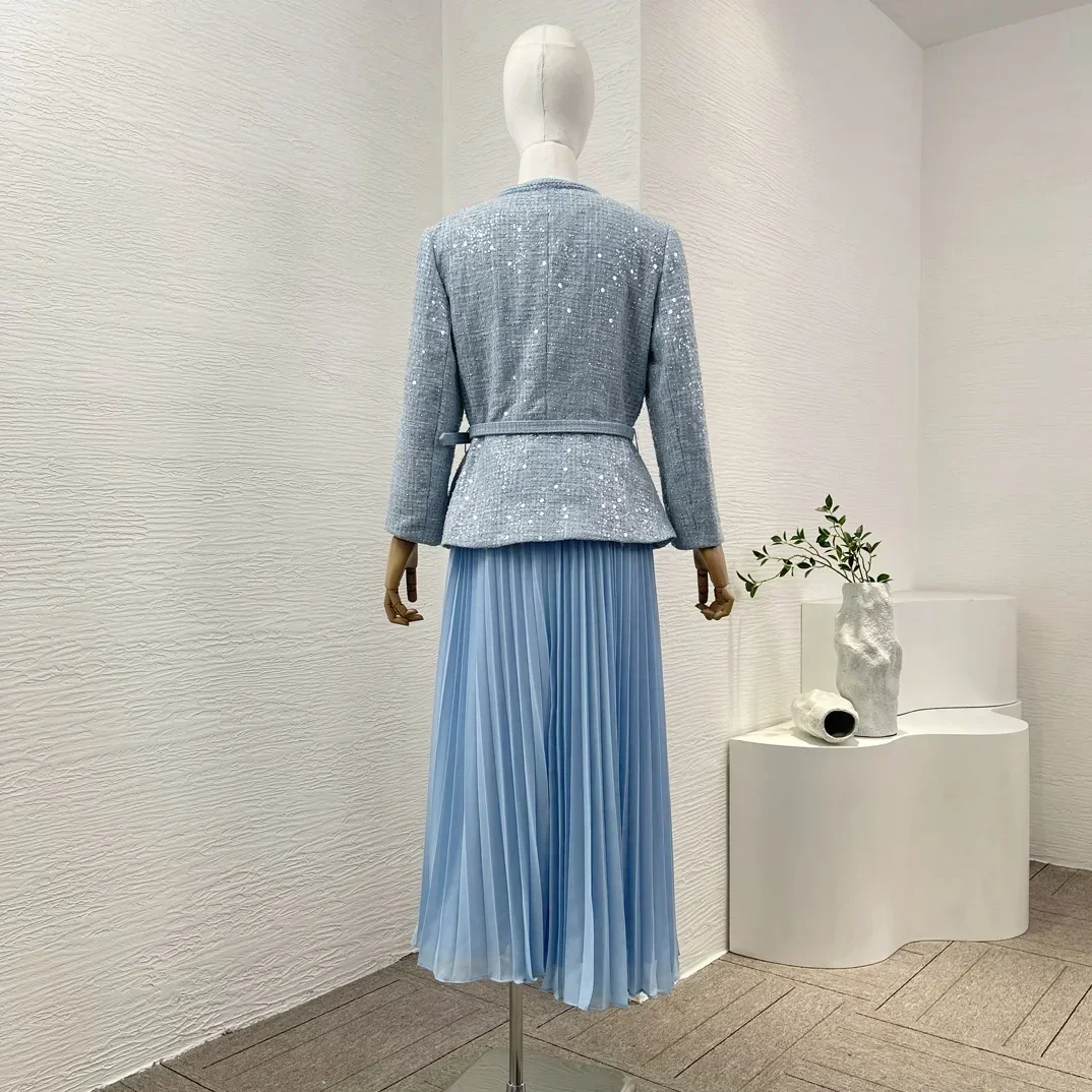 Spring Summer 2024 New High Quality Blue Bead Embellish Tweed Bubble Long Sleeve Belted Women Pleats Midi Dress