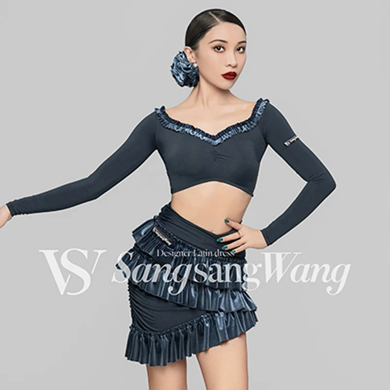 Latin Dance Clothes Women Long Sleeves Short Tops Ruffled Skirt Adult Cha Cha Rumba Dance Practice Clothing Show Wear DNV19101