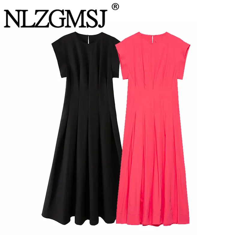 Nlzgmsj 2026 Summer Elegant Black Midi Dress Women Minimalist Cap Sleeve Structured Shoulder Casual Office Work Dress