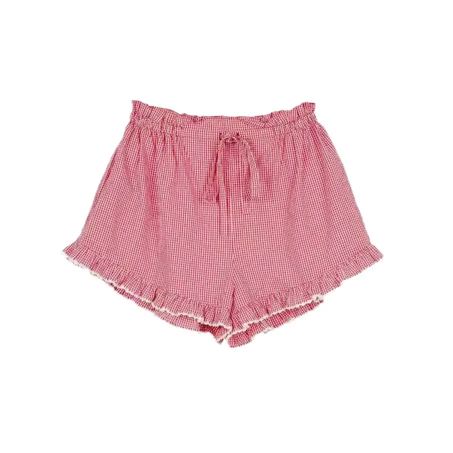 

American Sle Summer 2024 Plaid Bubble Sve Large round Ne Lace Trim irt And orts Set Faionable Women's Ensemble