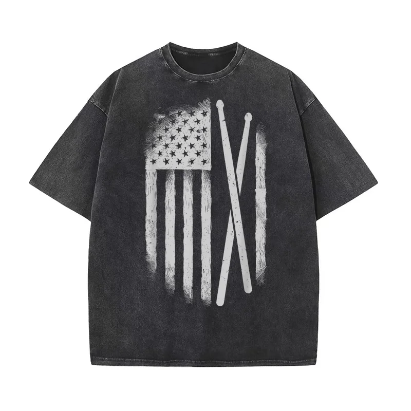 

American Flag Drumsticks USA Drummers Vintage Drum Sticks T-shirt Men's Tee Shirt Short Sleeve Male Clothes Fashion