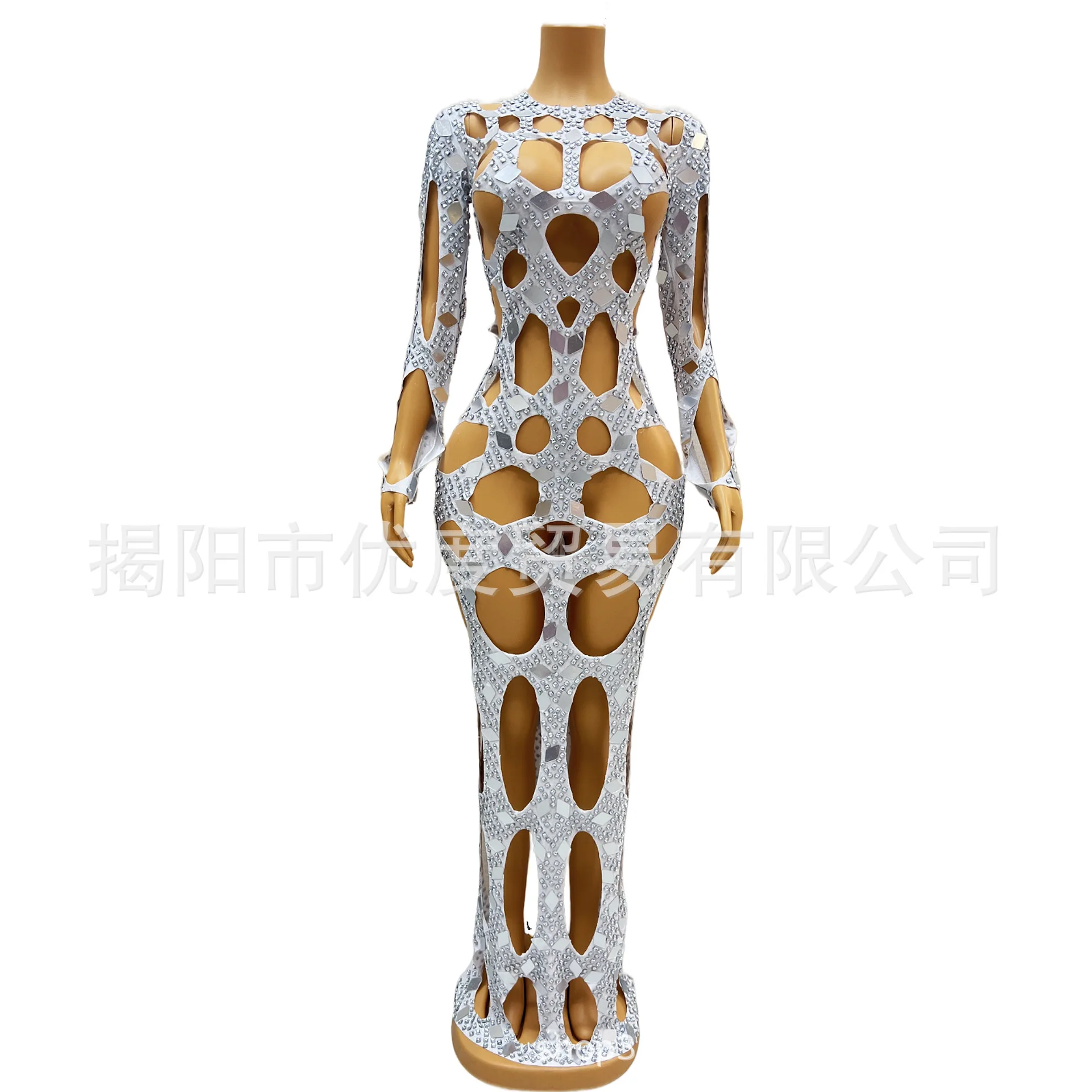 

Hole Hollow Personality Design Shining Lenses Rhinestone Cocktail Party Night Performance Long Skirt Hole Skirt vestido de noche