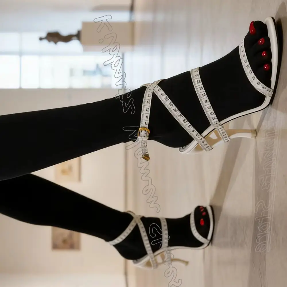 Ruler Buckle Strap Sandals Women Summer Shoes Mixed Color Leather Cross Strap Round Toe Strange Heels Fashion Luxury Novelty New