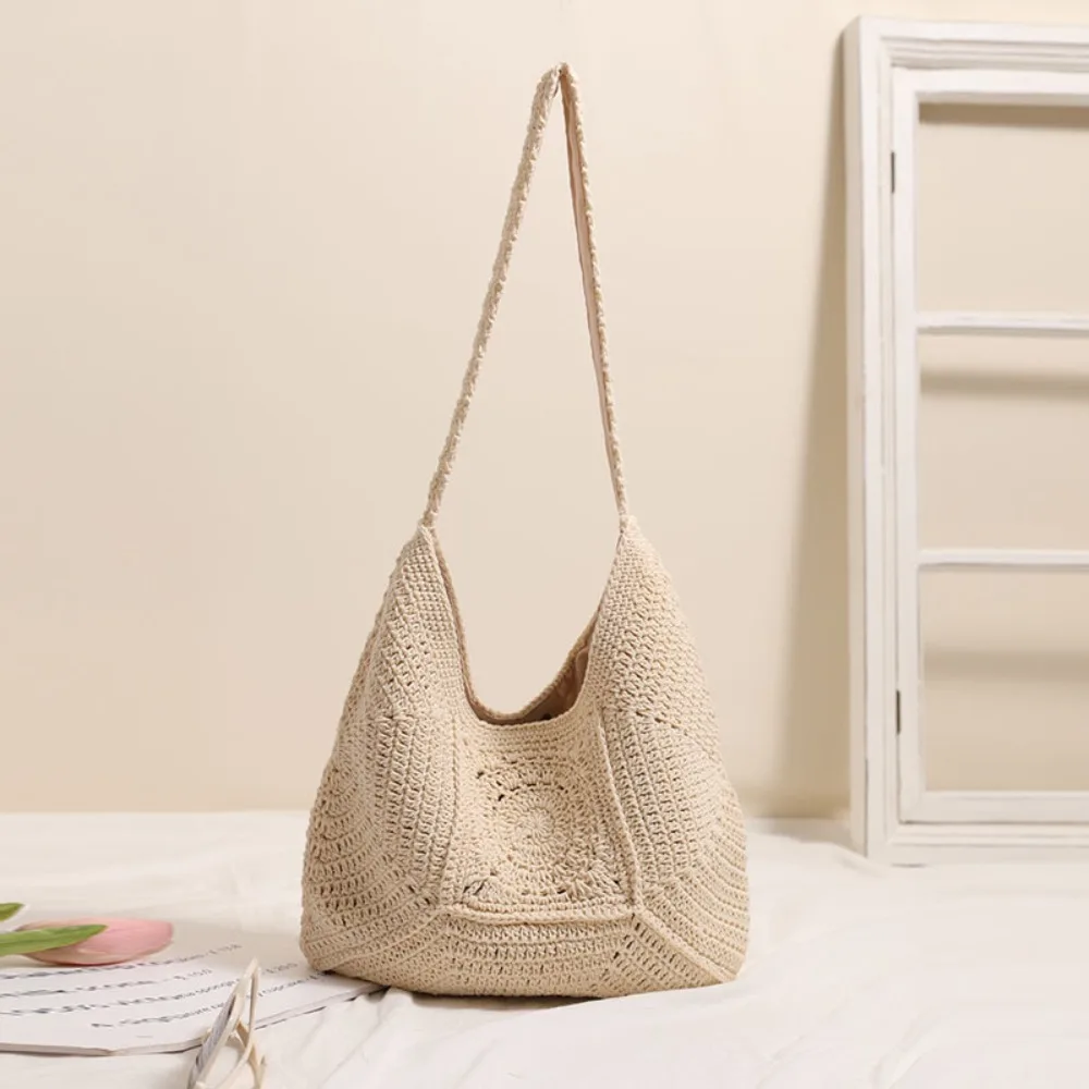 Premium Single Shoulder Large Capacity Cotton Thread Woven Hollow Flower Straw  Vacation Wind Beach Versatile Women's Bag view 2
