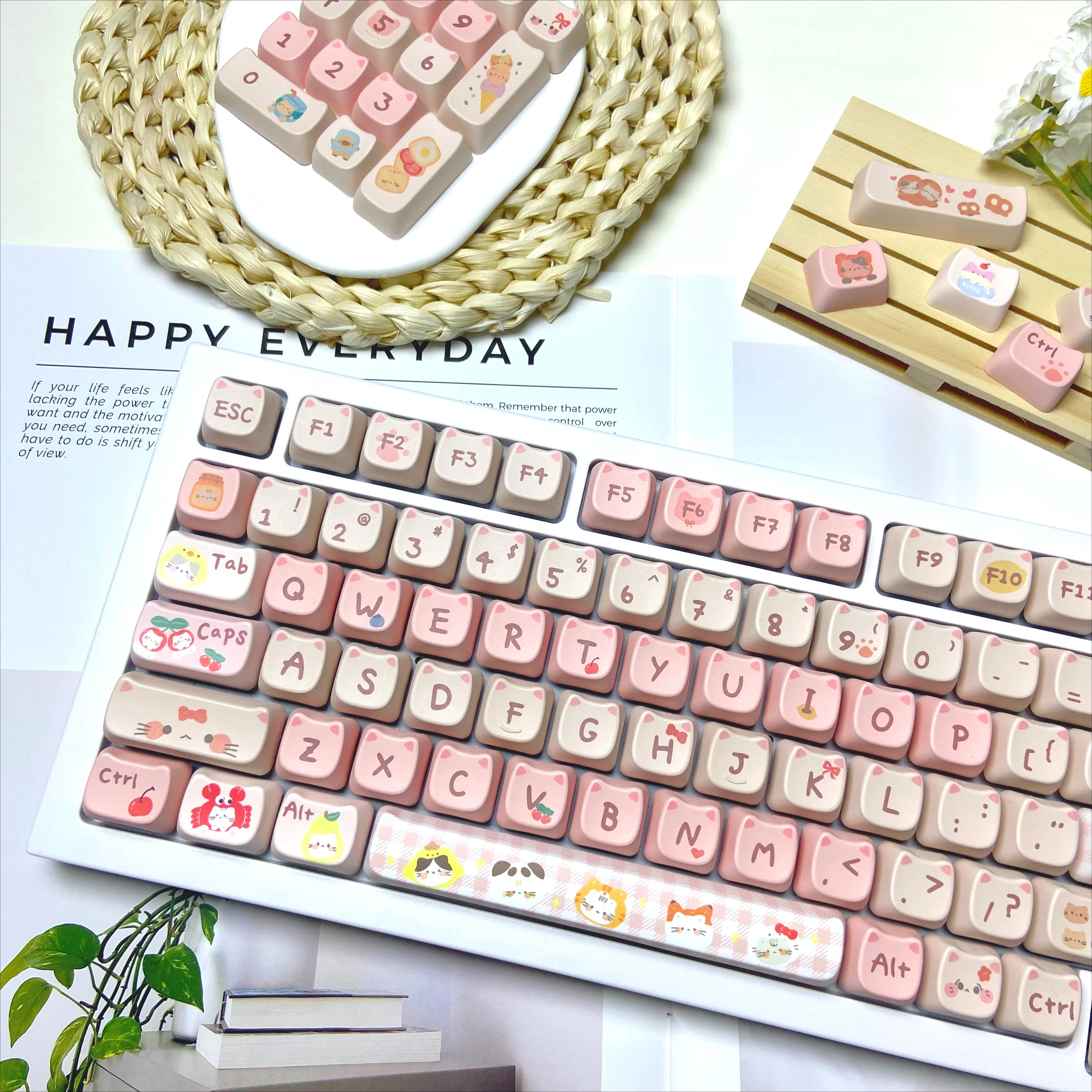Cute Pink Cat Paradise Them KeyCaps MAO Profile Keycaps Custom for Mechanical Keyboard Key Caps for Girls Keyboard DIY Decor