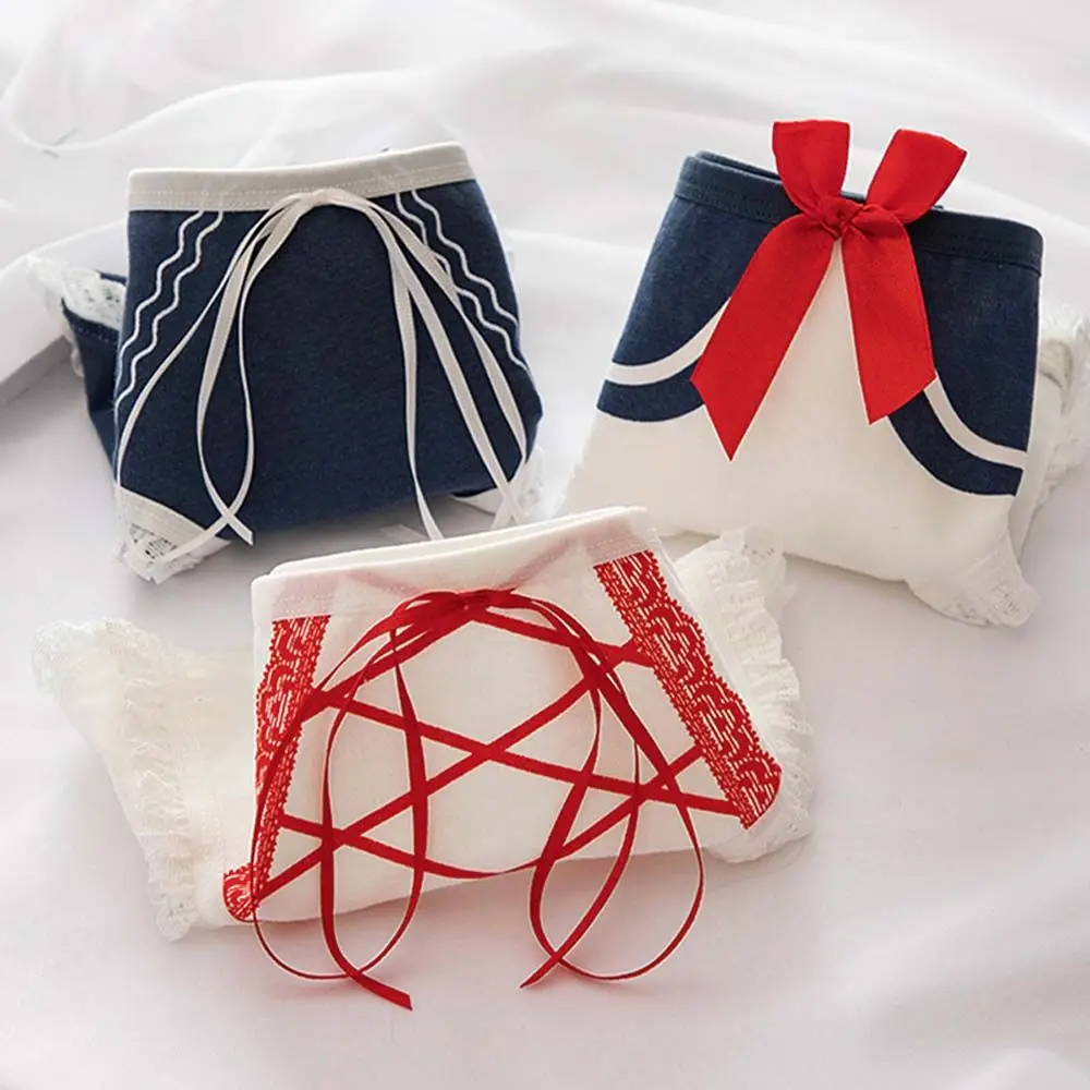 Korean Elastic Mid Waist Student Bowknot Girl Underwear Cotton Women Briefs College Style Panties