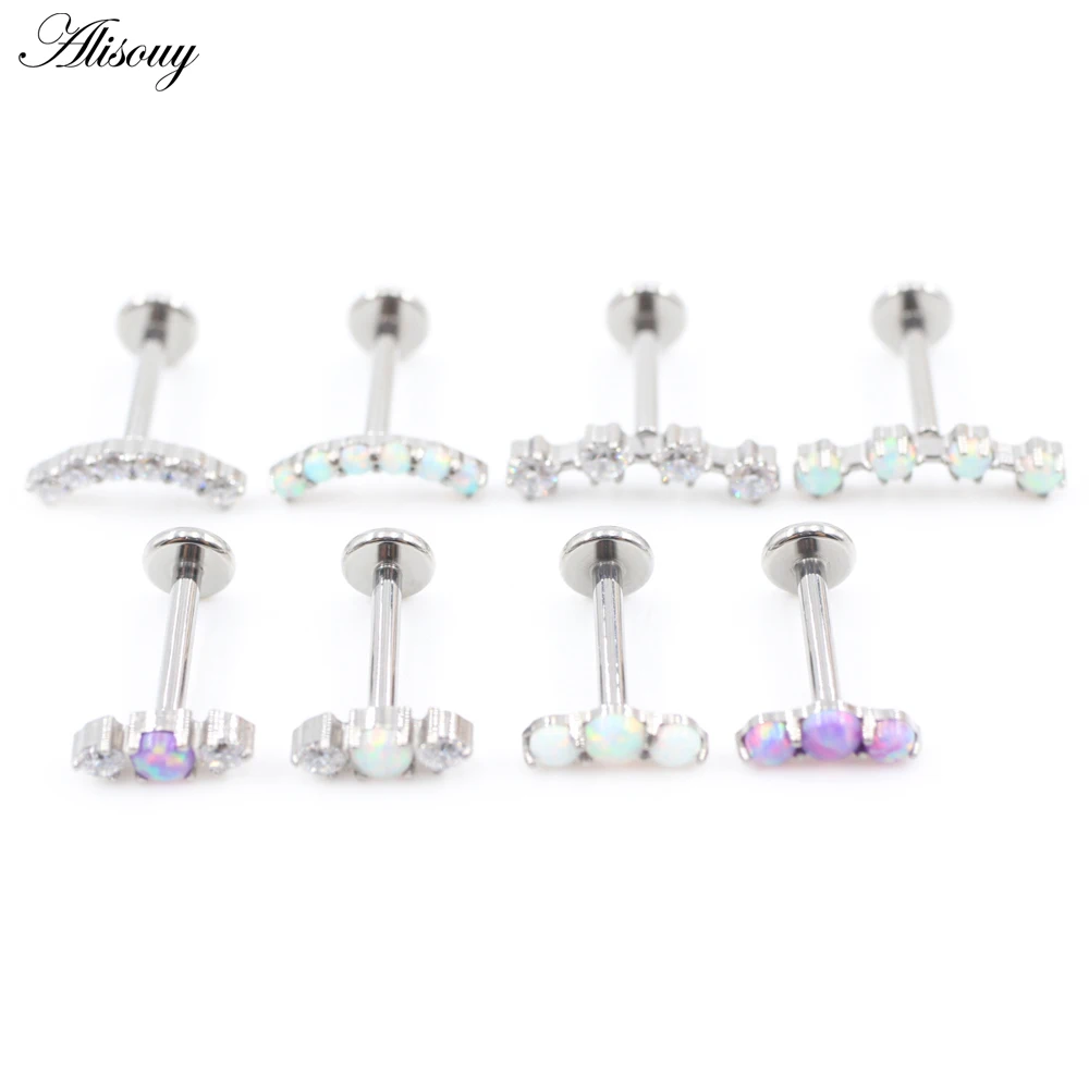 Alisouy 1PC Titanium Curve Round Zircon Opal Threaded Labret Lip Rings Ear Stud Tragus Cartilage Earrings Body Piercing Jewelry
