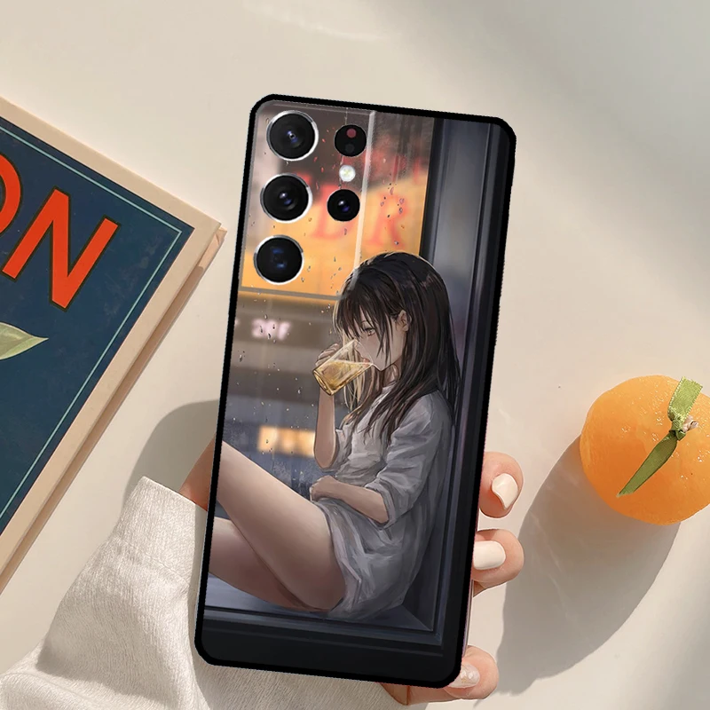 Funda de teléfono de chica de Anime triste para Samsung Galaxy S25 Ultra S24 S20 S21 S22 S23 Plus S9 S10 S24 FE contraportada