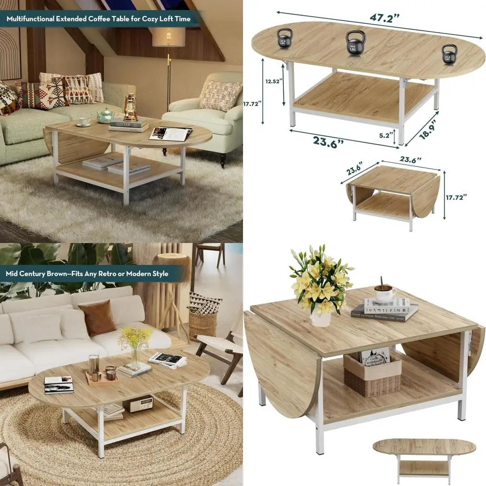 

2-Tier Folding Coffee Table with Storage, Oak Finish, Suitable for Various Spaces