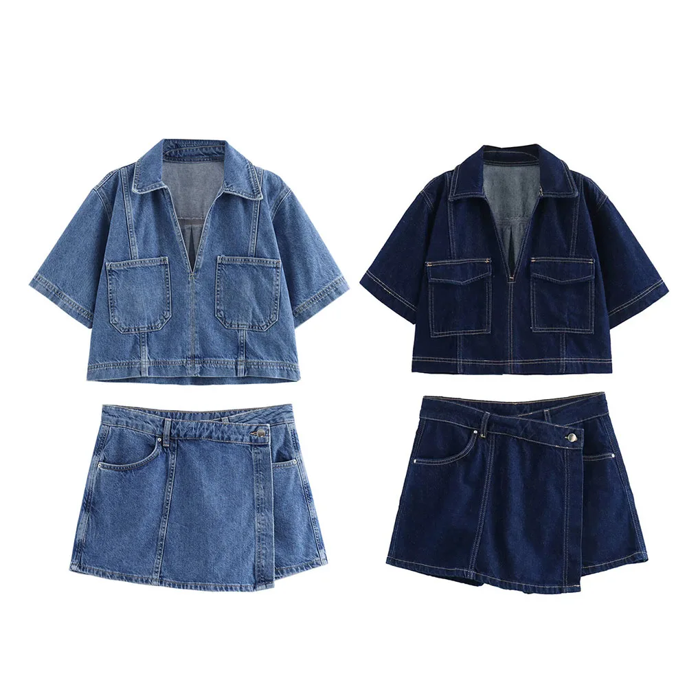 

New Women Short Sleeve Shirt Shorts Set Solid Pocket Denim Skort Suit V Neck Casual Fashion Matching Outfit Set For Ladies