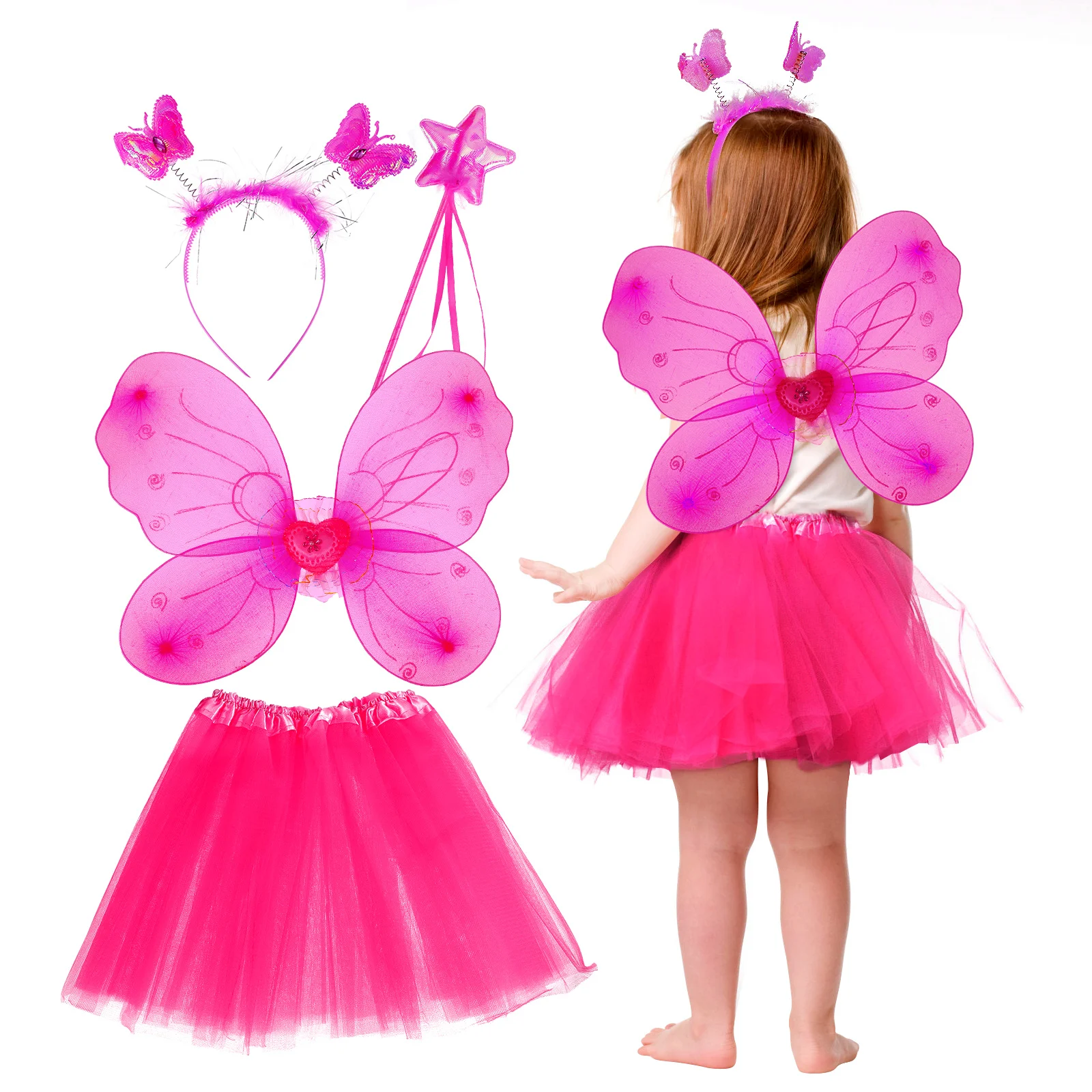 Set of 4 Kids Outfit Tutu Skirt Fairy Stick Headband Cosplay Costume Kit for Party Performance Fancy Dress