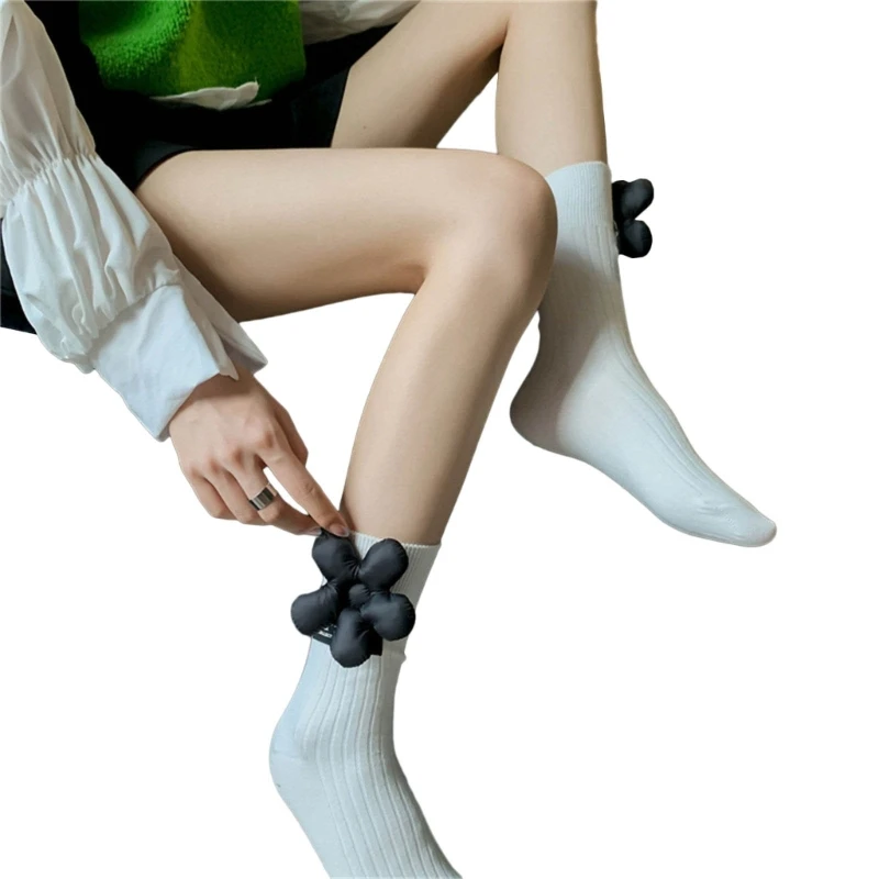 

Women Ribbed Knit Cotton Socks Y2K 3D Padded Floral Skateboard Calf Socks