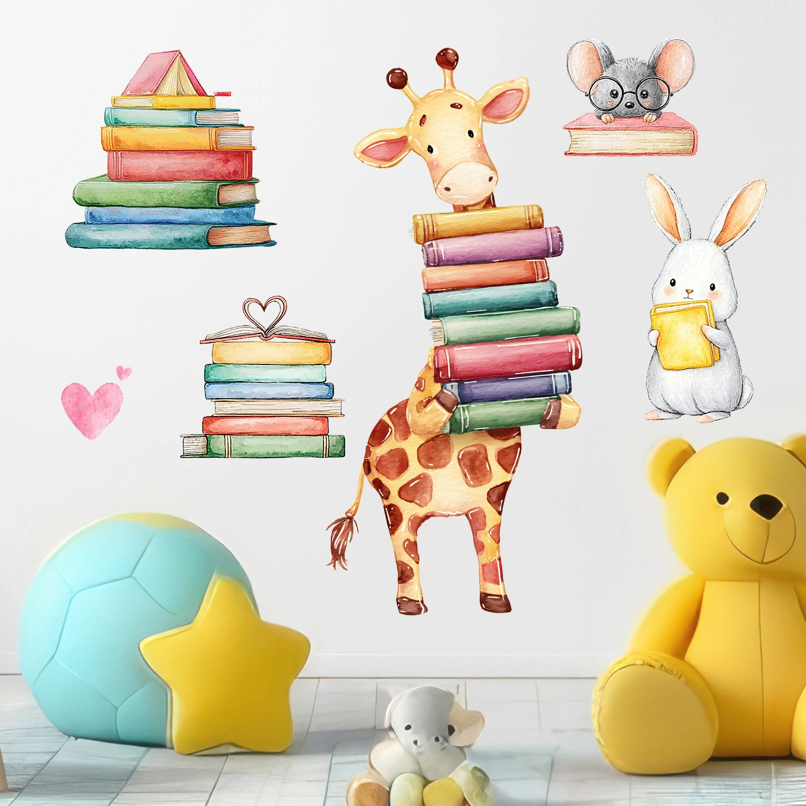2pcs Animal Reading Wall Sticker Giraffe Rabbit Monkey Mouse Reading Book Wall Decal for Library Study Wall Art