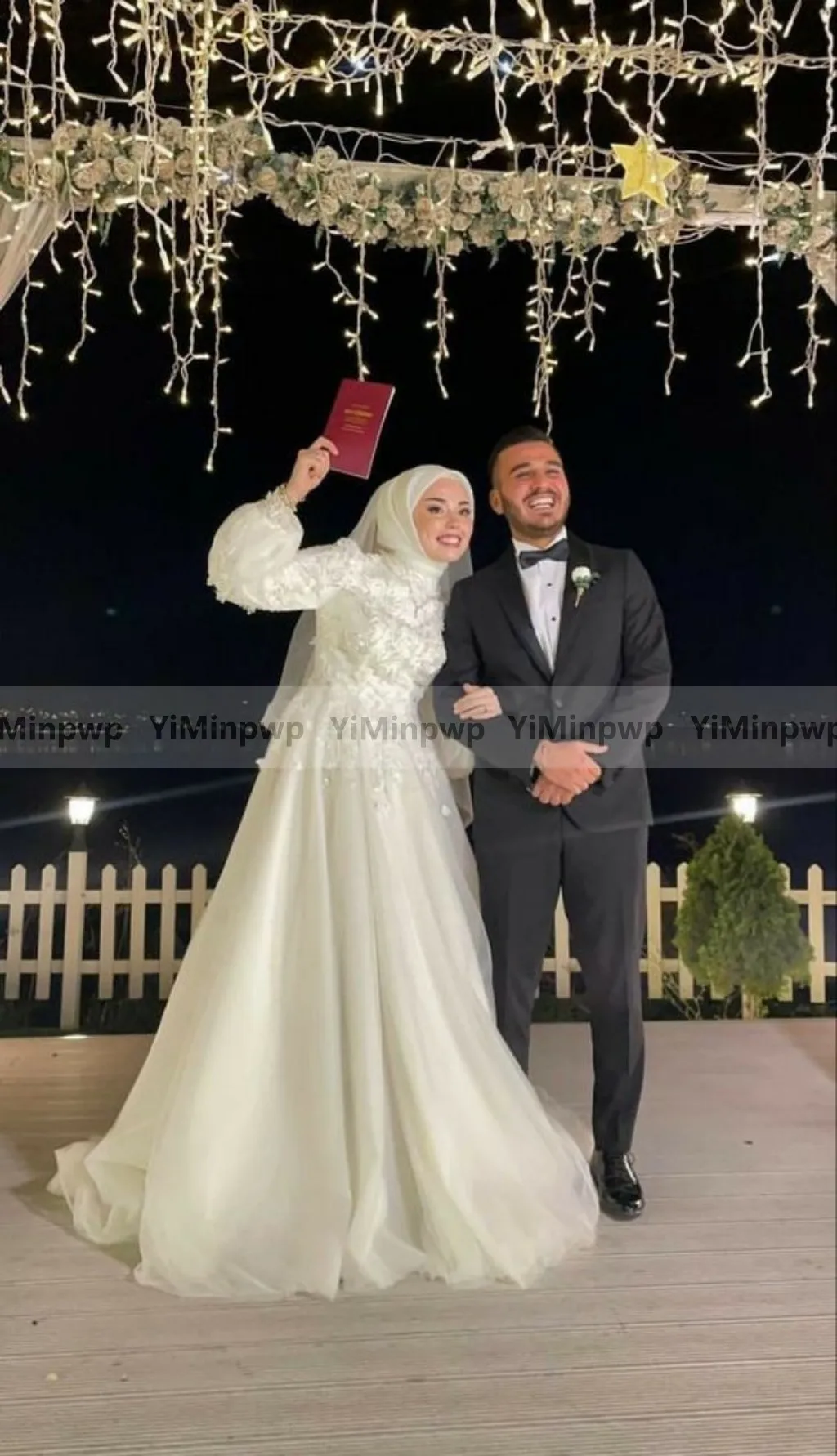 Vestidos de novia blancos musulmanes para Hijab novia mangas largas abullonadas una línea apliques 3D vestidos de novia de tul florales personalizados