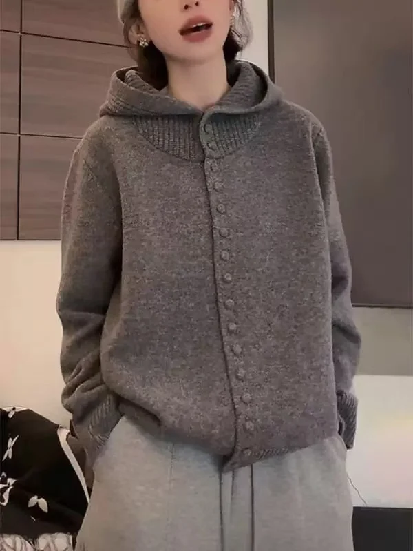 Gray Hooded Knit Sweater Women's Loose Comfortable Fashionable Open Cardigan Outerwear Soft Cozy New Autumn Winter Style
