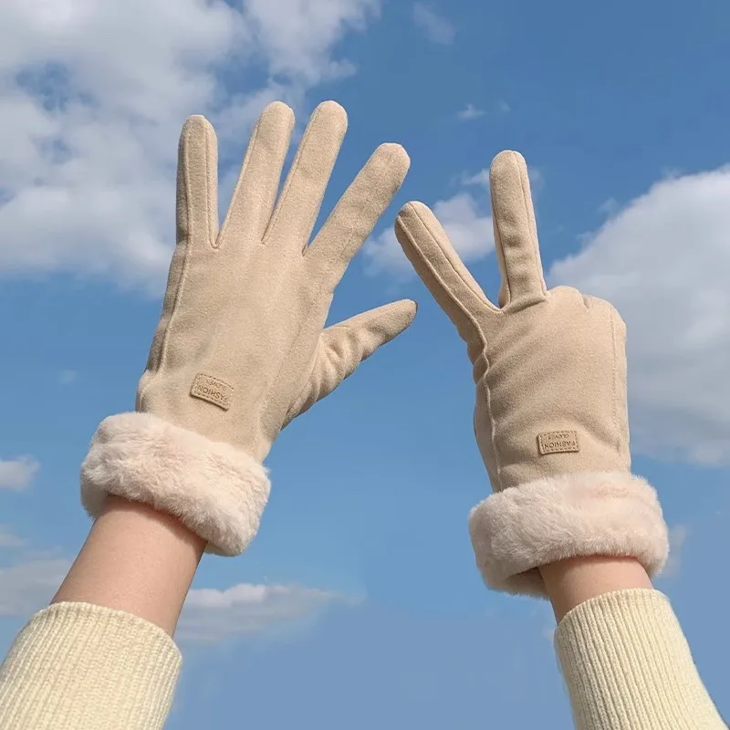 Womens Winter Velvet Thickened Warm Touch Screen Gloves for Electric Scooter Riding Cute Cold Weather Windproof Protective