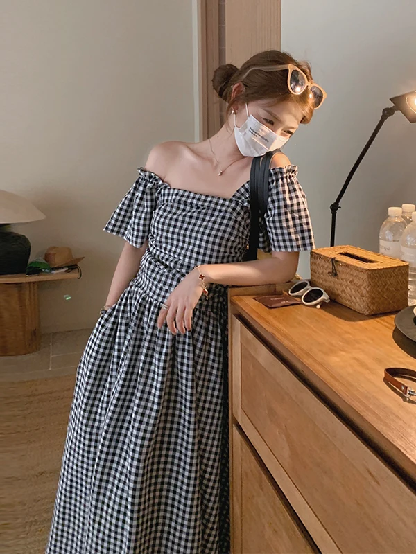 

Summer 2025 New Sle Women's Plaid Off-oulder Dr High Waist A-Line Skirt ort Sve Tea Break Retro Long Dr