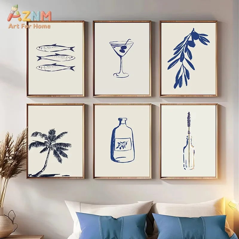 1PC,Cartoon Simple Blue Lines Seaside Coconut Shell Wine Bottle Fish Flowers Poster Canvas Painting Wall Art Pictures Home Decor