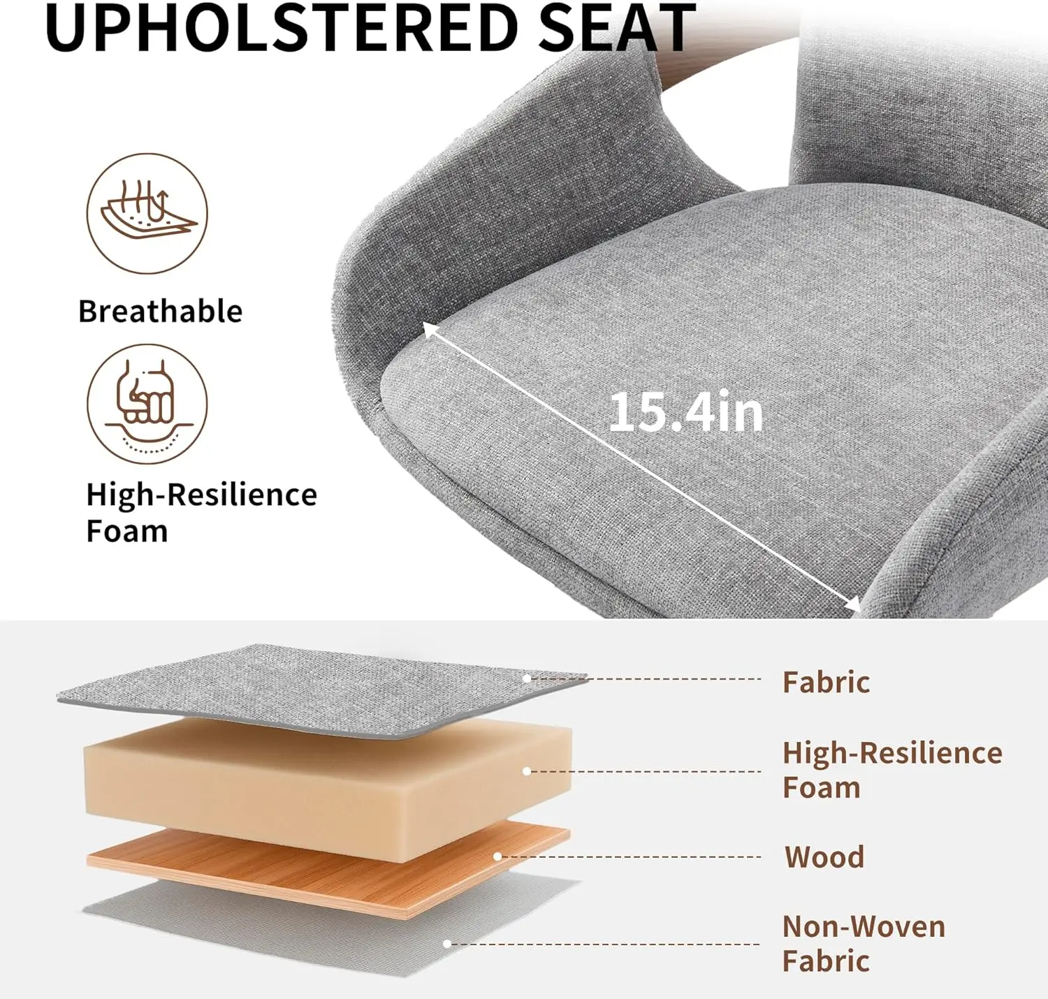 Swivel Bar Stool Set of 2, Fabric High Back Counter Stools with Armrests, 360° Swivel, Walnut Finish - Light Grey