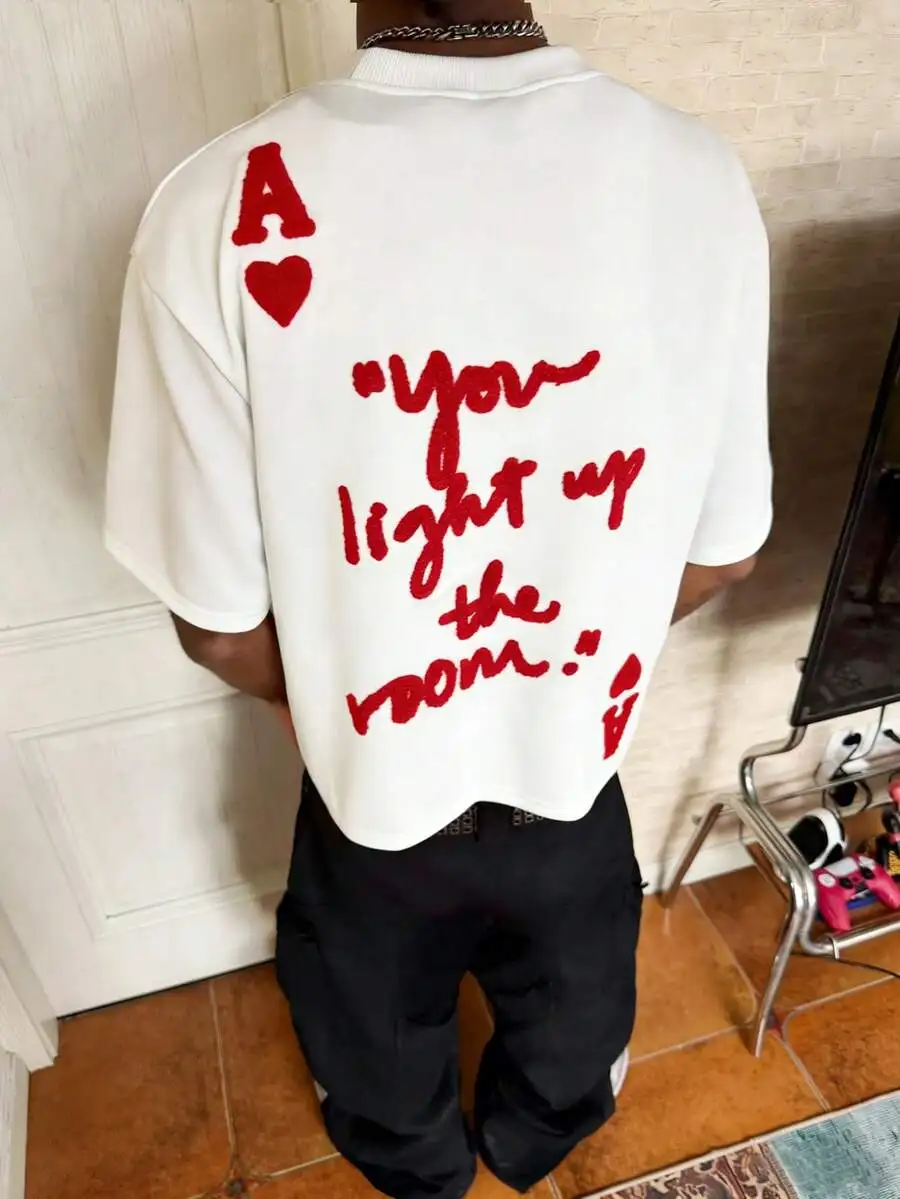 

Mens Embroidered Slogan Loose Fit Round Neck Short Sleeve T-Shirt Casual Vintage Graphic Tee