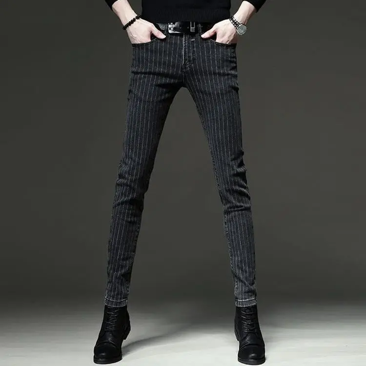 Striped Jeans 2025 Men's Trendy Brand Autumn New Trend Slim-fit Elastic Versatile Small Foot Casual Streetwear Work Pants Man