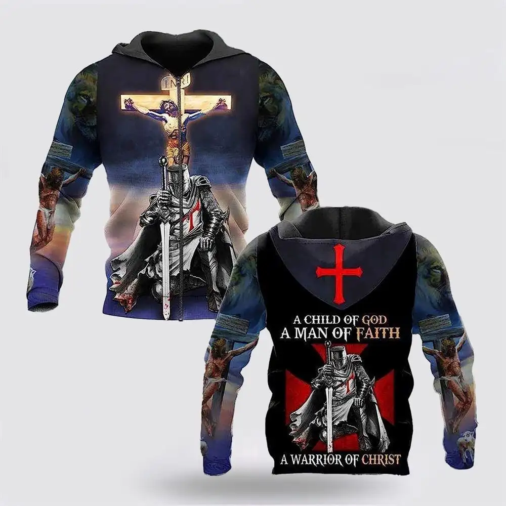 Christian Jesus Autumn Retro Man's Hoodie Sweatshirts 3D Printed Latin Cross Knight Graphic  Men Pullover God Man Clothing Tops