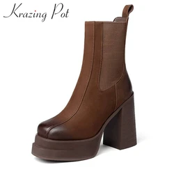 Krazing Pot Cow Leather Super High Heels Slip on Modern Platform Boots KPOP Fashion Style Punk Rock Singer Round Toe Ankle Boots