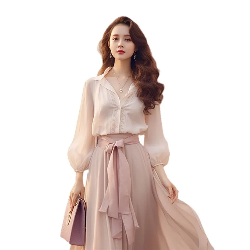 Elegant Retro French Women's Fashion Lace Up Long Sleeved Dress New Spring Sweet Beach Party Pink Women Two Piece Chiffon Dress