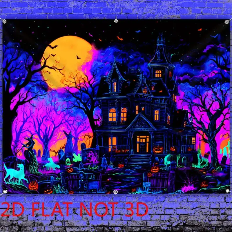 Halloween Haunted House Tapestry Moon Bat Graveyard Pumpkin Polyester Wall Hanging UV Reactive Spooky Party Bedroom Dorm Decor