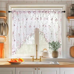 Country Embroidery Flower Lace Curtain for Kitchen Window Luxury Beaded Vintage Voile Farmhouse Triangle Small Curtain