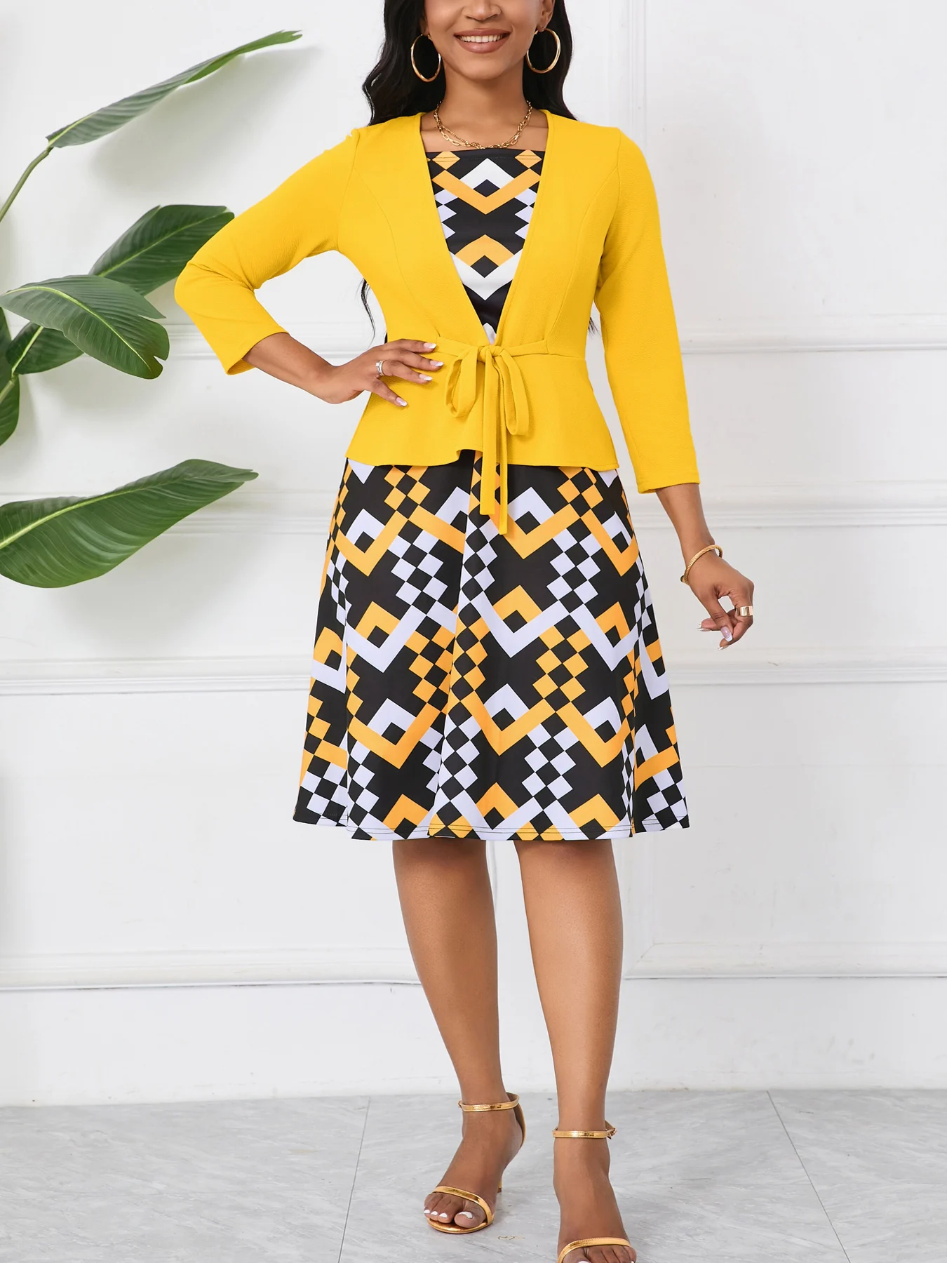 Womens 3/4 Sleeve Geometry Print Square Neck Patchwork Elegant Yellow A-Line Casual Party Fit And Flare Skater Swing Dress