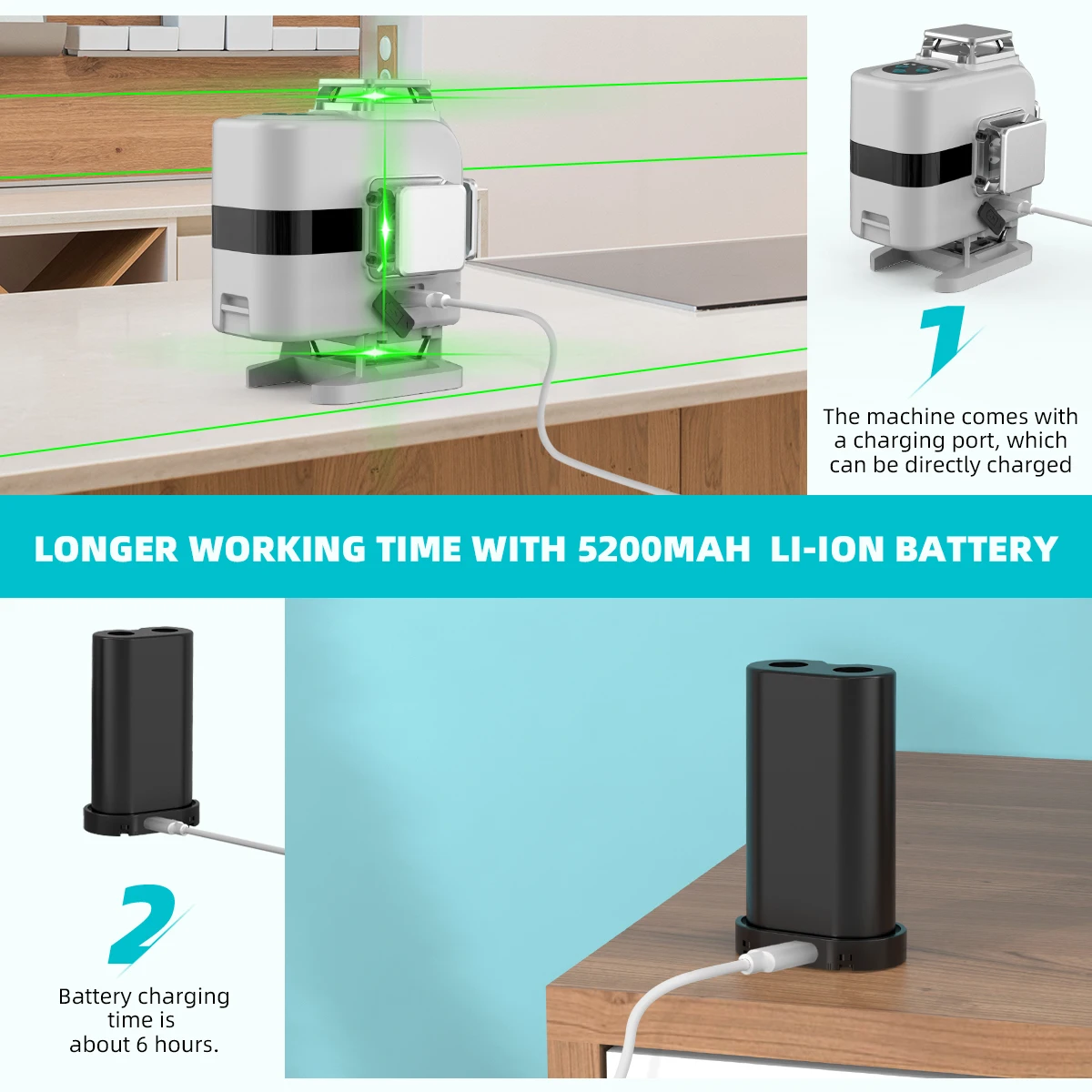 Decteam 16 linee 4D livello Laser a linee incrociate Osram linee di raggio verde autolivellanti con batteria agli ioni di litio da 2 pezzi e