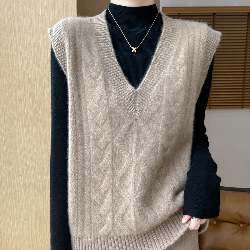 New Fashion Female V-neck Sleeveless Pullover 100% Merino Wool Vest Autumn and Winter Cashmere Sweater Korean Sweater Vest