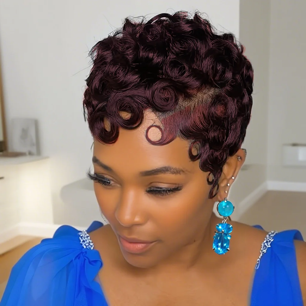 13x4レースフロント人毛ウィッグ-ピクシーカット-カールウィッグ-ショートレイヤードウィッグ-前髪付き-ナチュラルブラックカラー-99jカラー-日常使い用