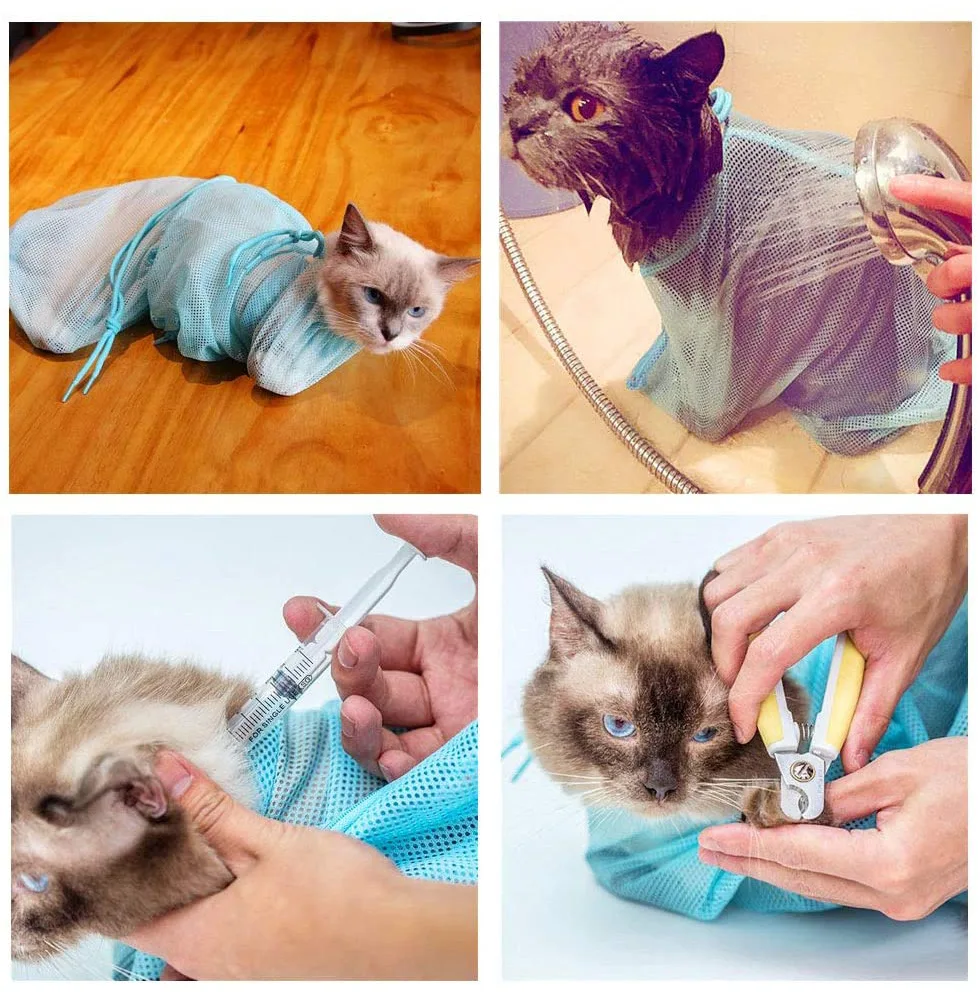 Mesh Cat Grooming Bathing Bag Adjustable Cats Washing Bags For Pet Nail Trimming Injecting Anti Scratch Bite Restraint