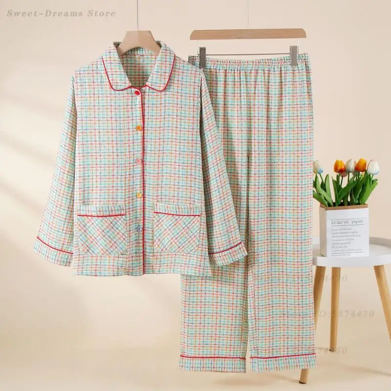 

Комплект из 2 предметов: пижама из 100% хлопковой марли в винтажную клетку, новая домашняя одежда на весну-осень, пижамный костюм с длинным рукавом, одежда для отдыха