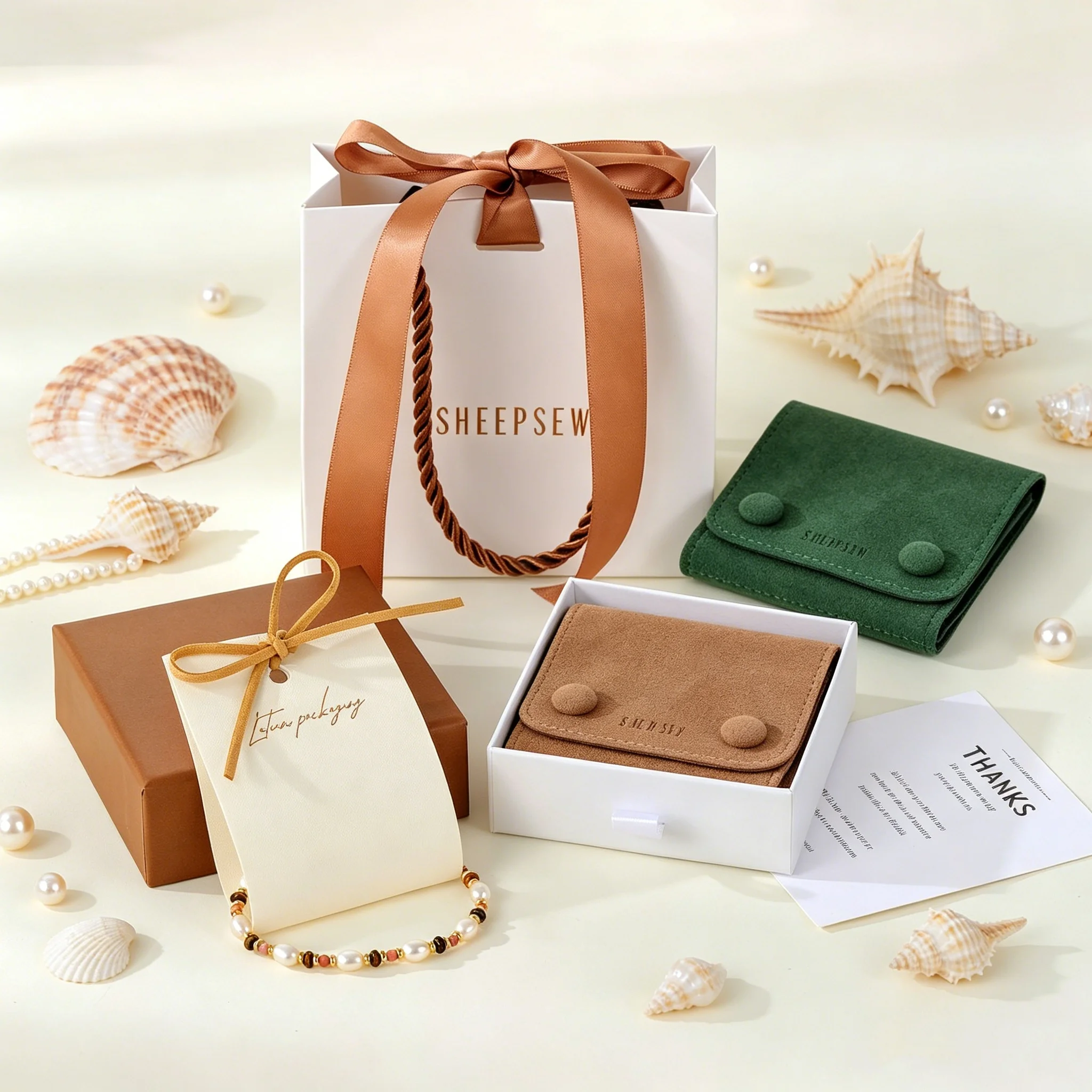 SheepSew Custom Logo Printed Jewelry Packaging Set Rigid Lid Cardboard Gift Box Matching Microfiber Bracelet Pouch Paper Bag For