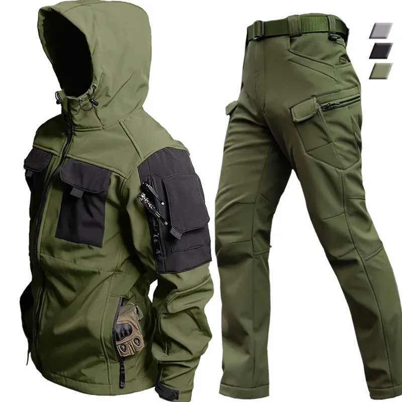 2024 Soft Shell Military Suit Men Waterproof Tactical Shark Skin Windproof Hooded Jacket Multi-pockets Cargo Pants Uniforms