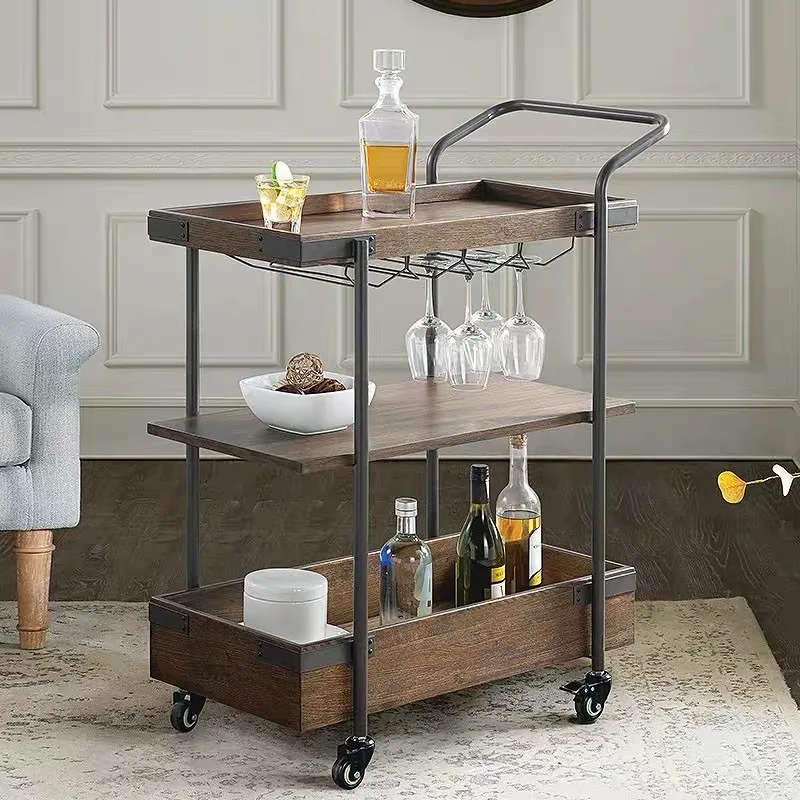 Family dining cart retro bar catering mobile trolley modern Chinese wine bottle storage trolley