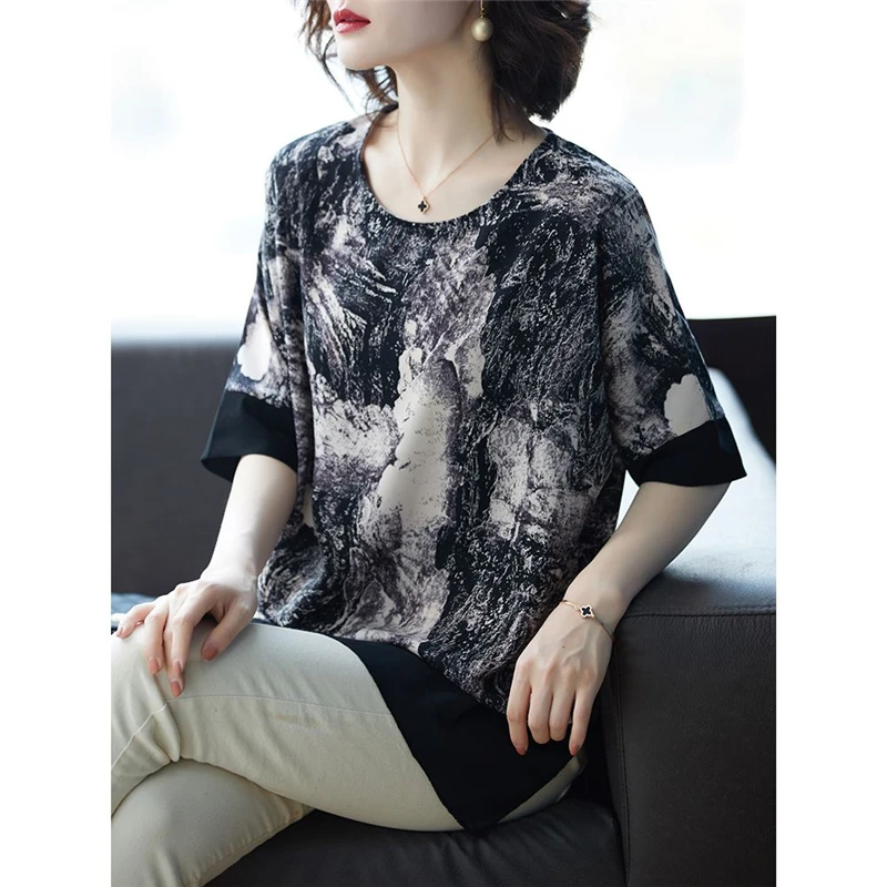 Women Vintage Ink Painting Print Patchwork Elegant Blouse Summer Fashion O Neck Short Sleeve Shirt Loose Tunic Tops Blusas Mujer