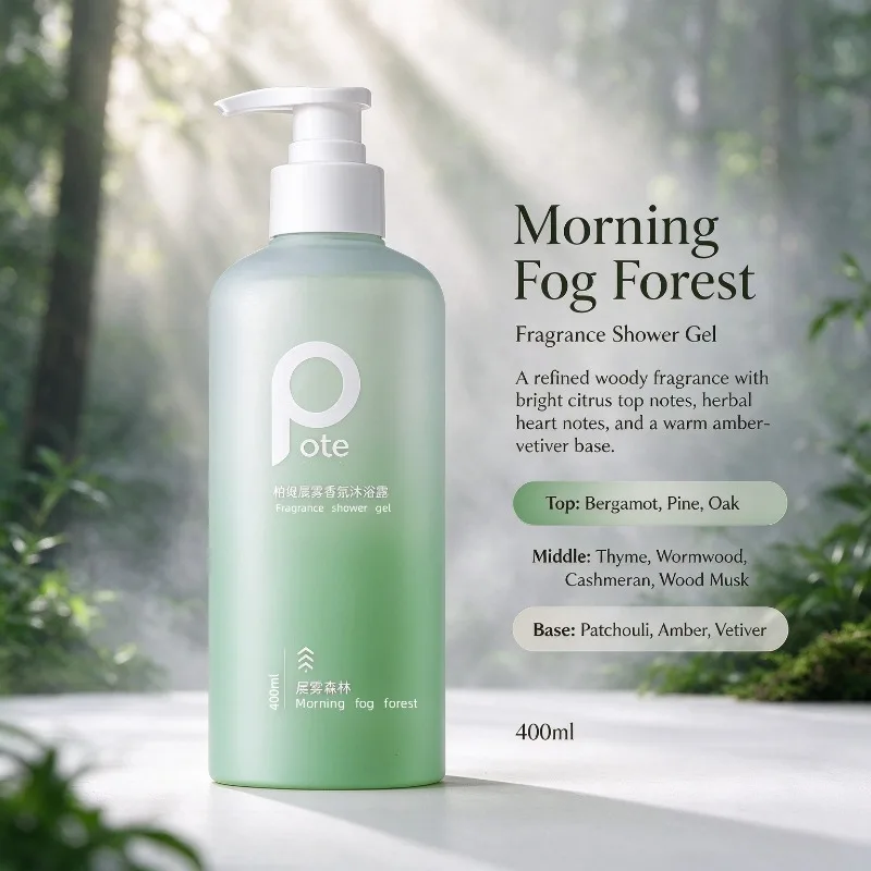 POTE 400ml Fragrance Shower Gel Long‑Lasting Woody Scent Body Wash Hydrating Moisturizing Gentle Relaxing Bath Gel for Men Women