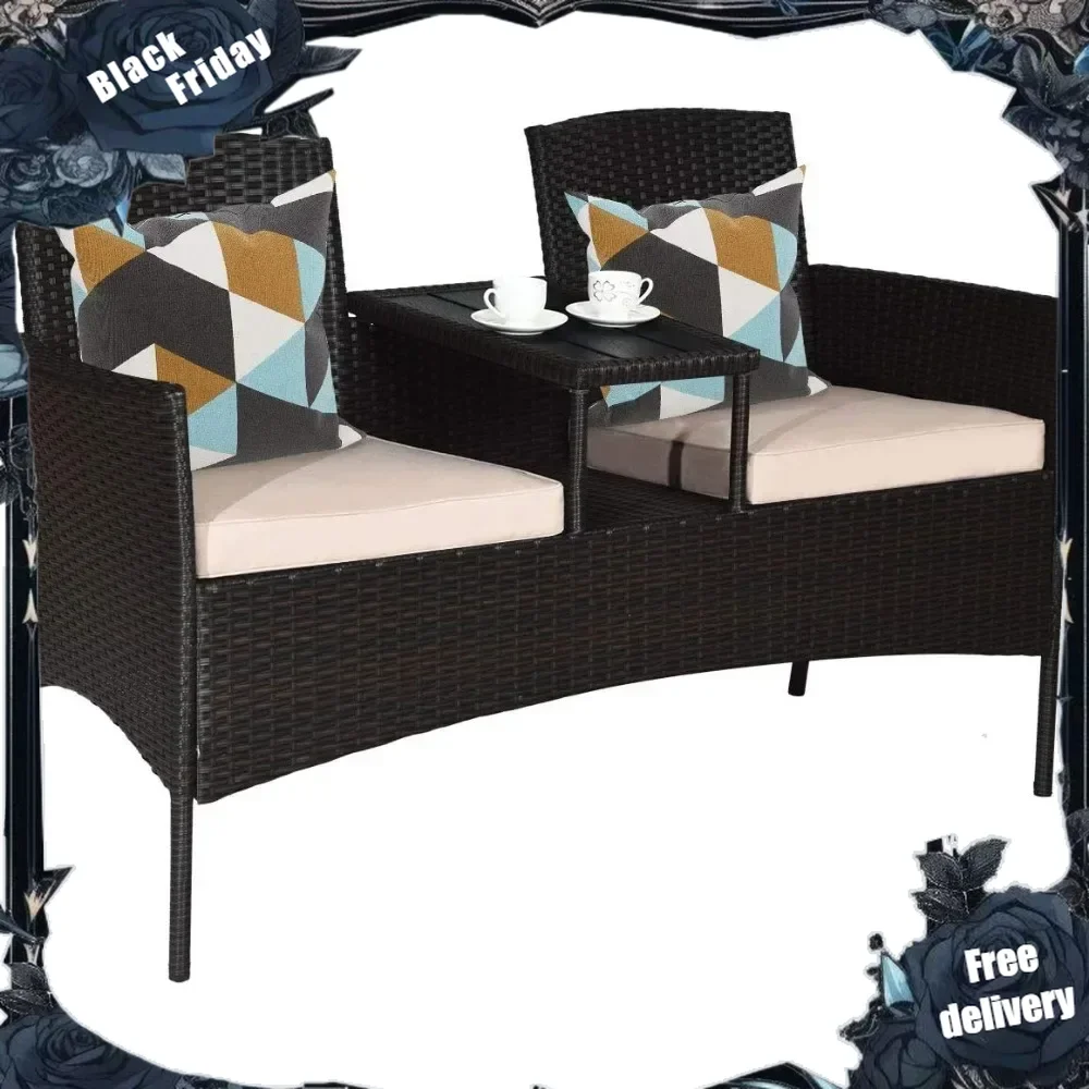 

Outdoor Rattan Loveseat, Patio Conversation Set with Cushions & Table, Modern Patented Wicker Sofa Set with Built-in