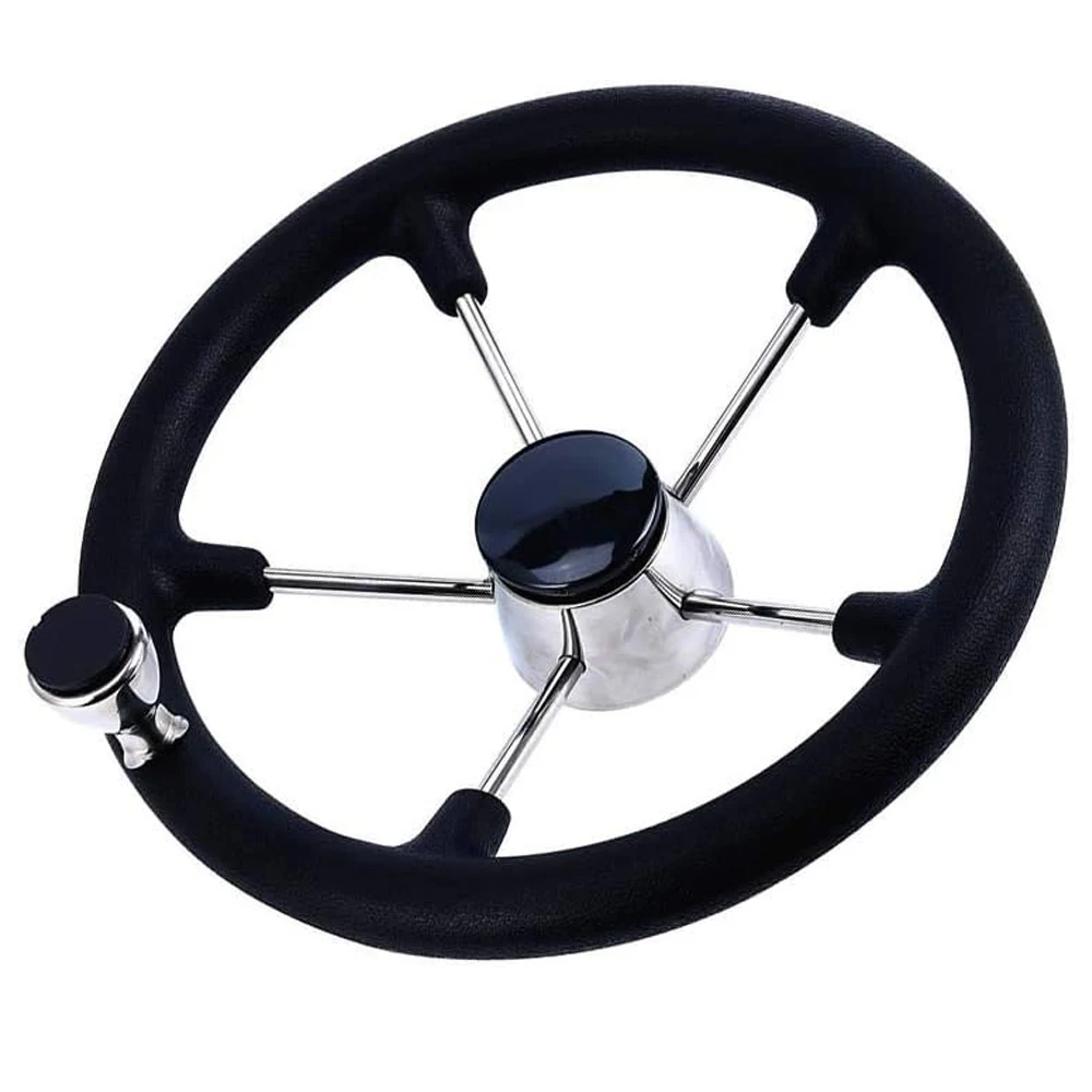 13-1/2 Inches  Stainless Steel Destroyer Steering Wheel,With 5 Spoke Boat Marine Black PU Foam