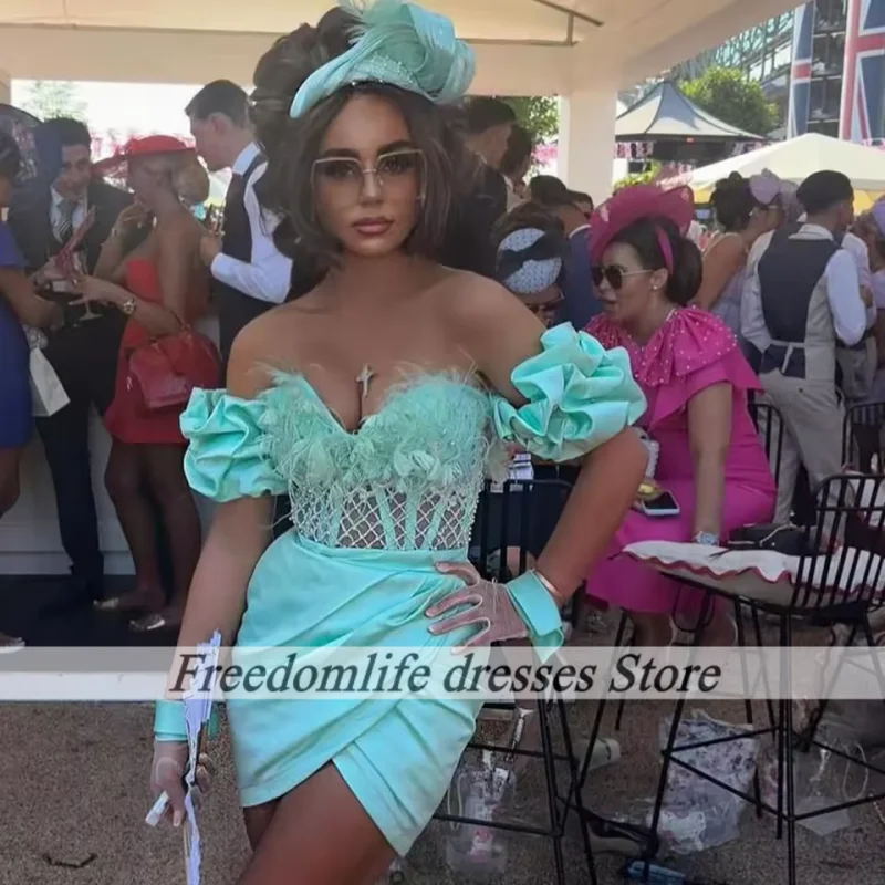 

Магнитные коктейльные платья Милая с открытыми плечами Мини-платье на день рождения для женщин Вечернее платье с перьями и оборками 2026 по индивидуальному заказу