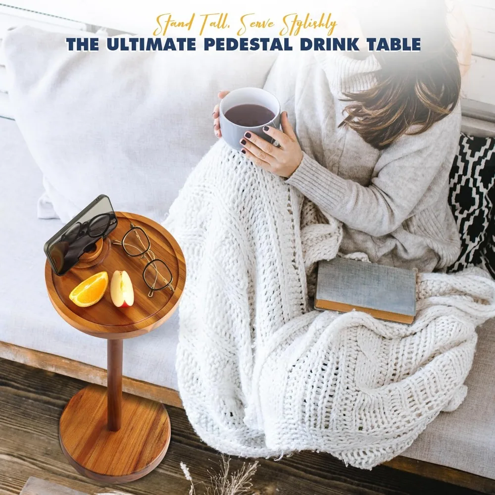 Acacia Wood Rotating Phone Holder Side Table with Weighted Base, Compact Drink Table for Small Spaces