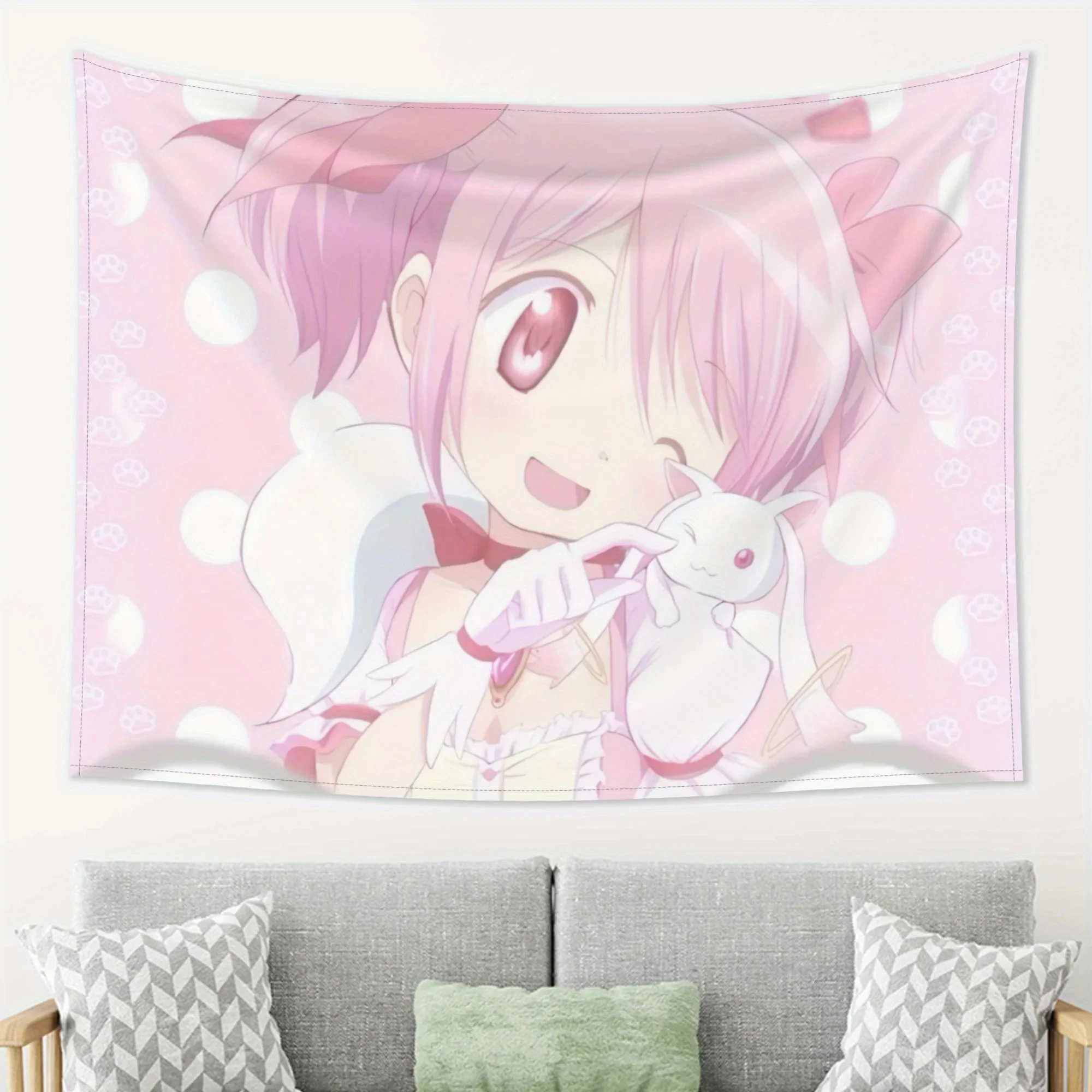 Tapiz de pared de anime Madoka Magica Madoka Kaname Kyubey, decoración para dormitorio y sala de estar con lunares blancos y rosas
