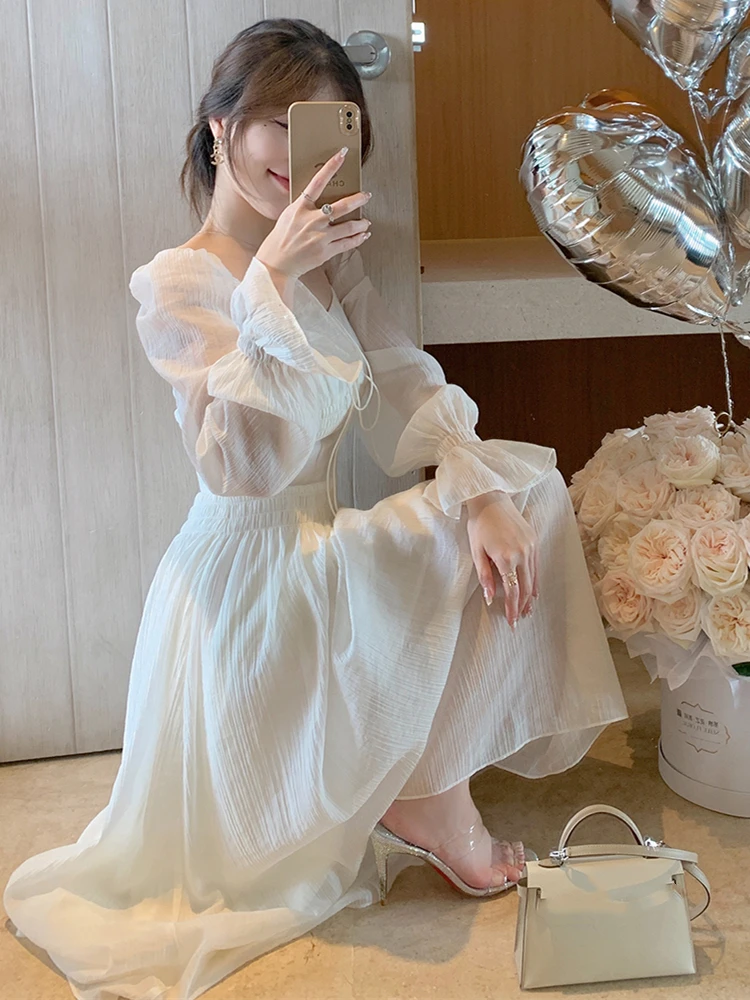 Women Elegant White Midi Dresses Summer Autumn New Backless Holiday Party Prom Long Sleeve Vestidos Korean Female Robe