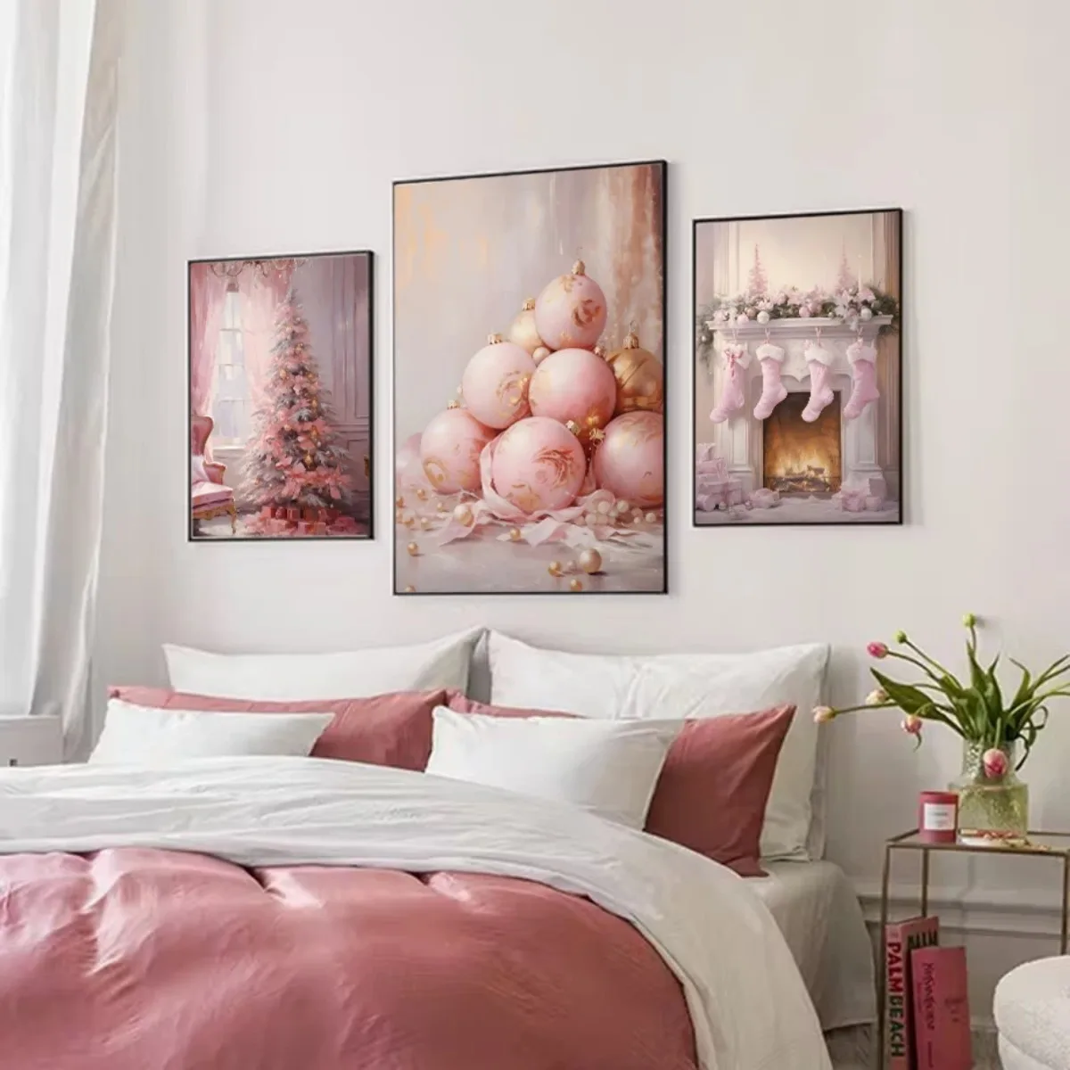 Pink Christmas Tree Pink Snow House Crystal Ball Balloon Skating Fashion Wall Art Canvas Painting Nordic Poster  Room Decor view 3