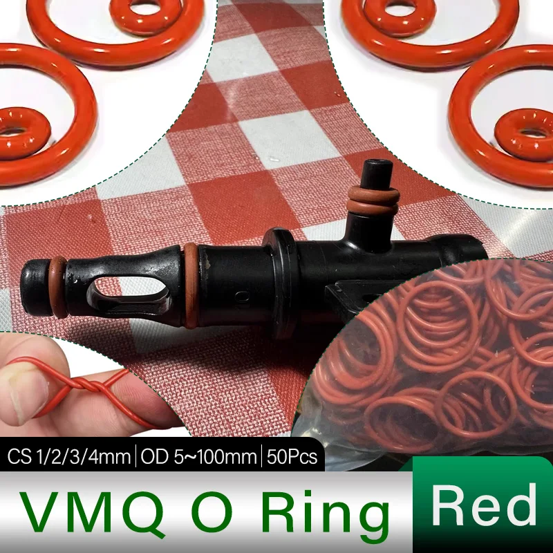 Red VMQ O-Ring Gasket CS 1/2/3/4mm OD 5mm ~ 100mm Food Grade Silicone Waterproof Insulated Wear-resistant Sealing Washer 50 Pcs